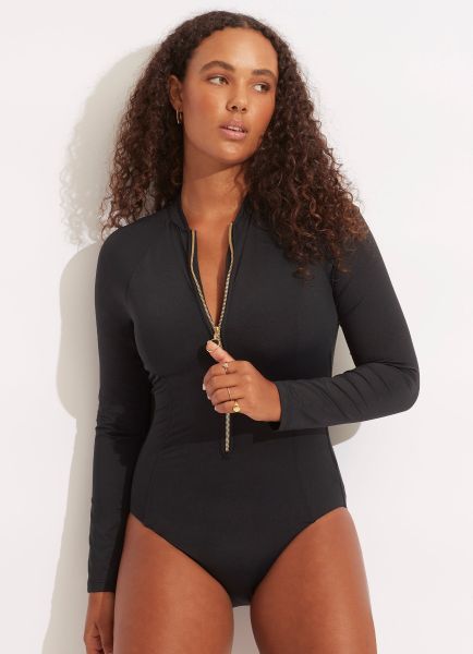 Seafolly Collective Zip Front Surfsuit - Black Women Rash Vests