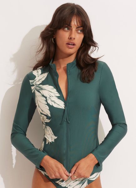 Women Seafolly Fleur De Bloom Long Sleeve Sunvest - Evergreen Rash Vests